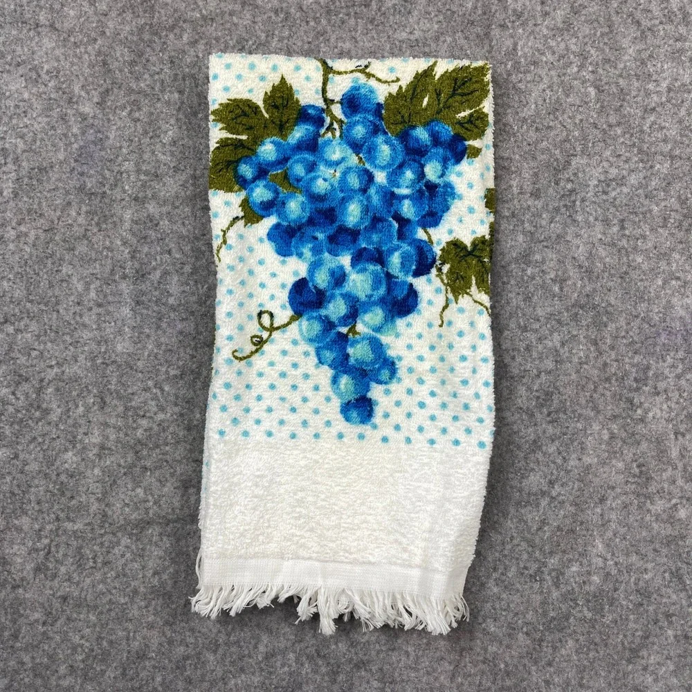 Vintage Town House Kitchen Terry Towel Blue Grapes Polka Dot Fringed 50s MCM USA